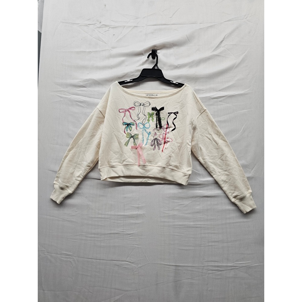 Modern Lux Womens Bow Graphic Pullover Sweatshirt White Cotton Blend Size XS